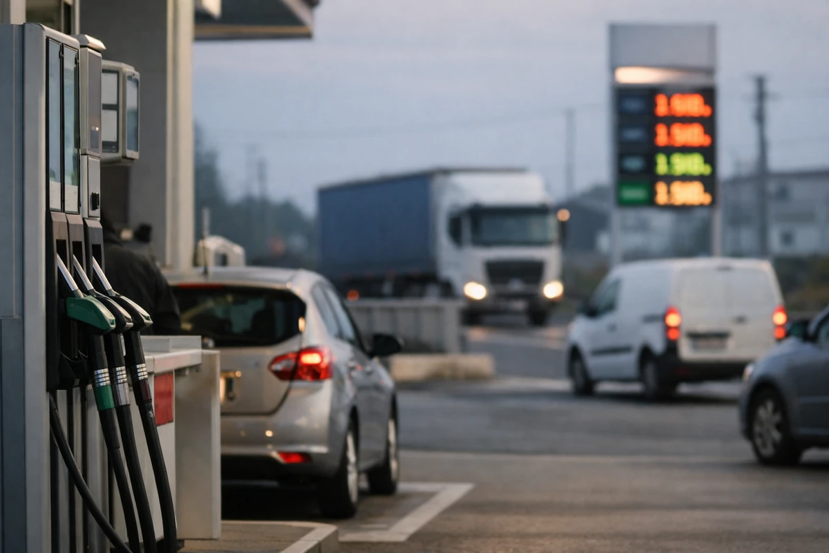 Pistole della pompa di benzina in primo piano con auto in rifornimento e cartello prezzi sfocato sullo sfondo