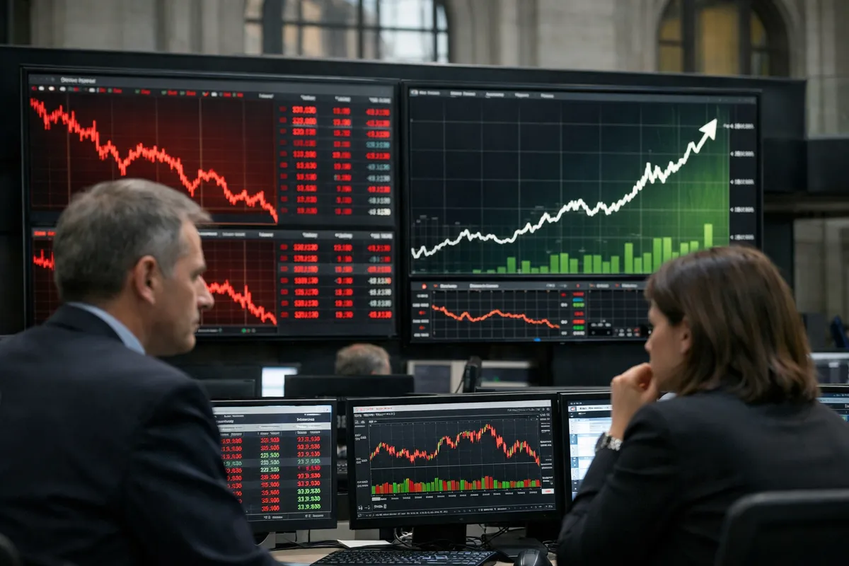 Operatori davanti a schermi di Borsa con grafici in calo in rosso e un grafico energetico in salita