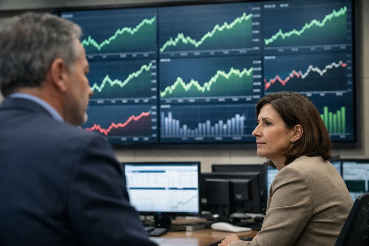 Analisti in sala trading davanti a maxi schermi con grafici di Borsa per lo più in rialzo