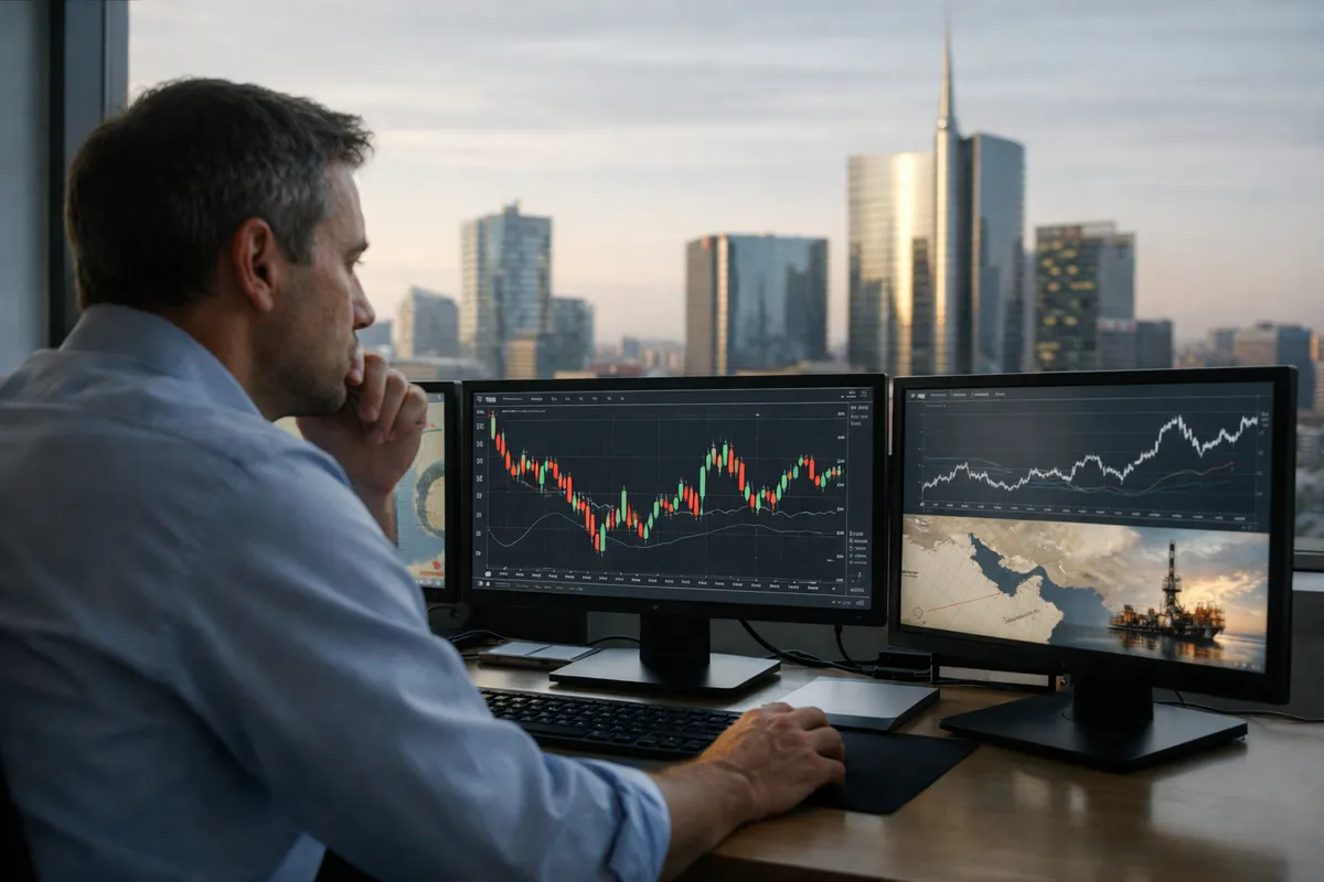 Analista in ufficio osserva grafici di Borsa su più monitor, con skyline di Milano sullo sfondo