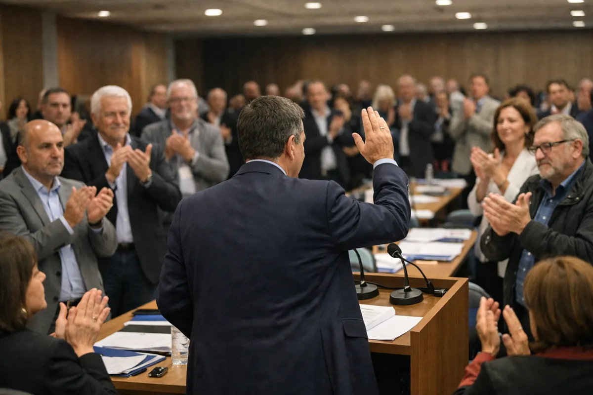 Leader sindacale di spalle al podio con microfoni, mentre i delegati applaudono in una sala congresso