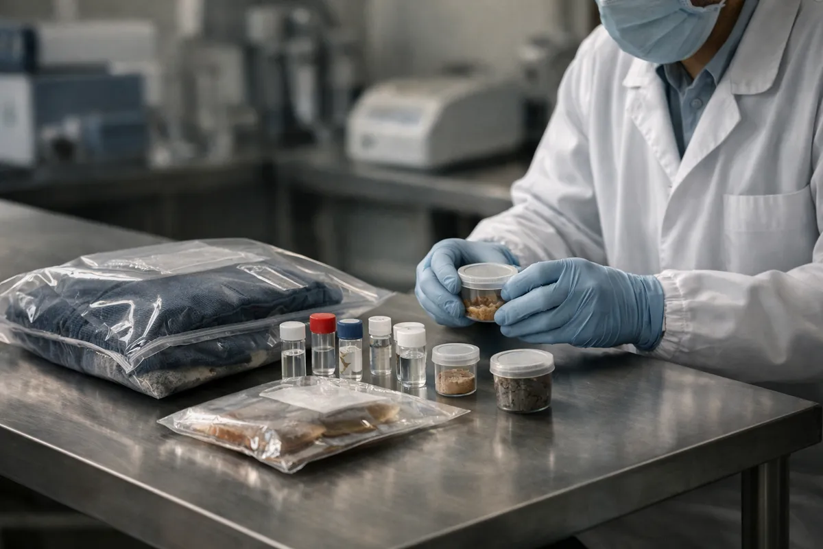 Tecnico di laboratorio con guanti e mascherina esamina campioni sigillati e indumenti in buste su tavolo d’acciaio