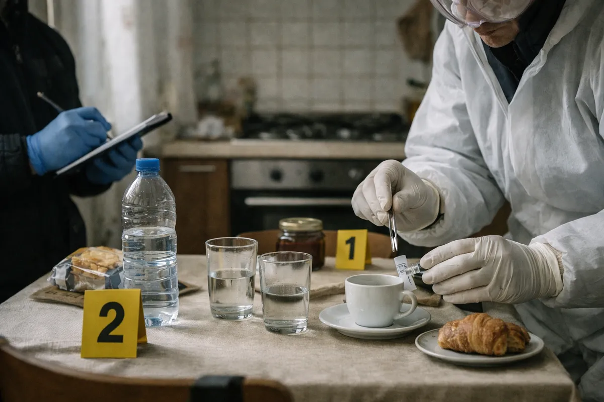 Tecnico forense in cucina preleva un campione dal tavolo con bicchieri d’acqua, tazza e marcatori di prova