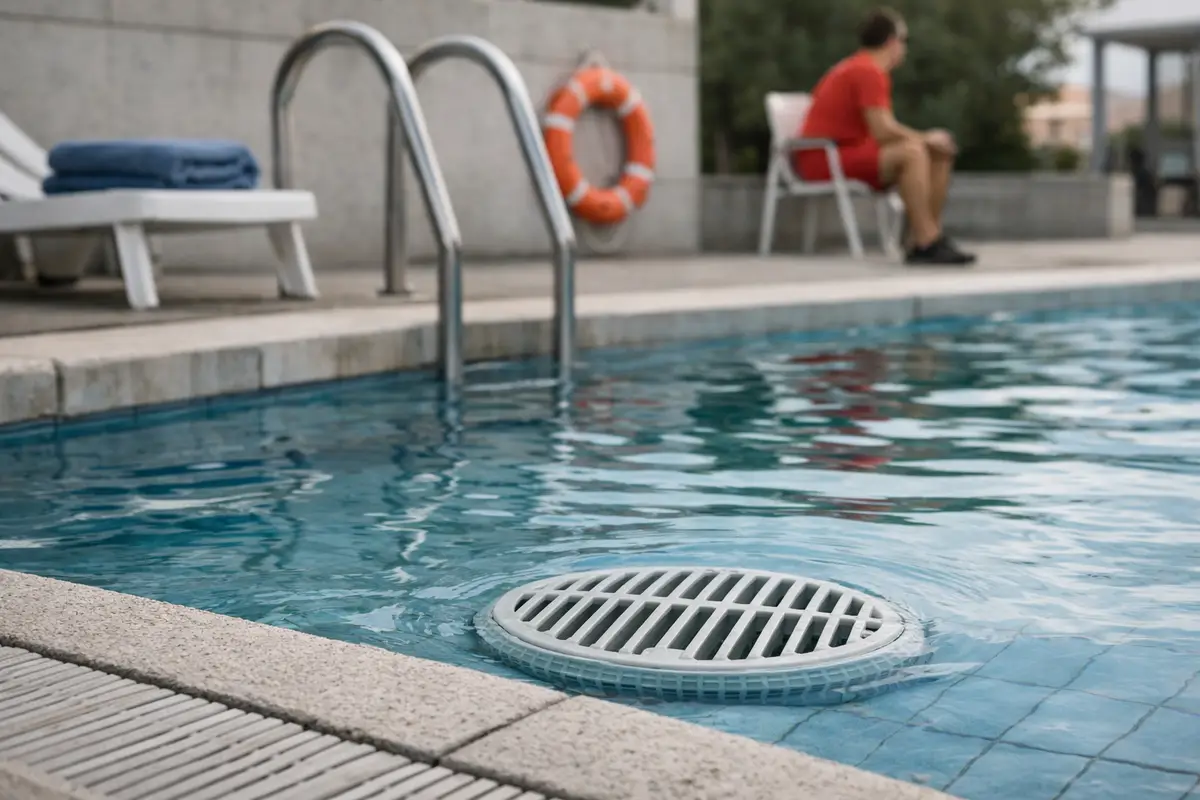 Griglia di sicurezza sullo scarico della piscina vicino al bordo, con bagnino sfocato e salvagente sullo sfondo