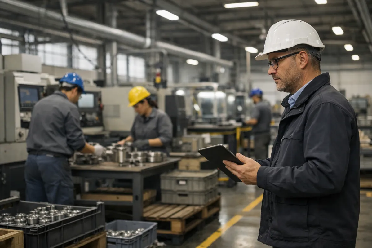Supervisore con casco bianco e tablet in fabbrica, mentre operai lavorano a macchinari e componenti metallici
