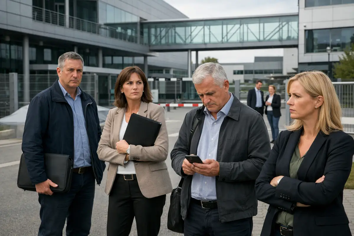 Impiegati con espressioni tese davanti a un moderno campus aziendale con facciate in vetro e cancello di sicurezza