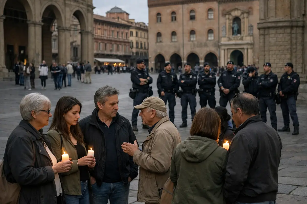 Cittadini con candele in una veglia in piazza, con una fila di poliziotti sullo sfondo sotto i portici