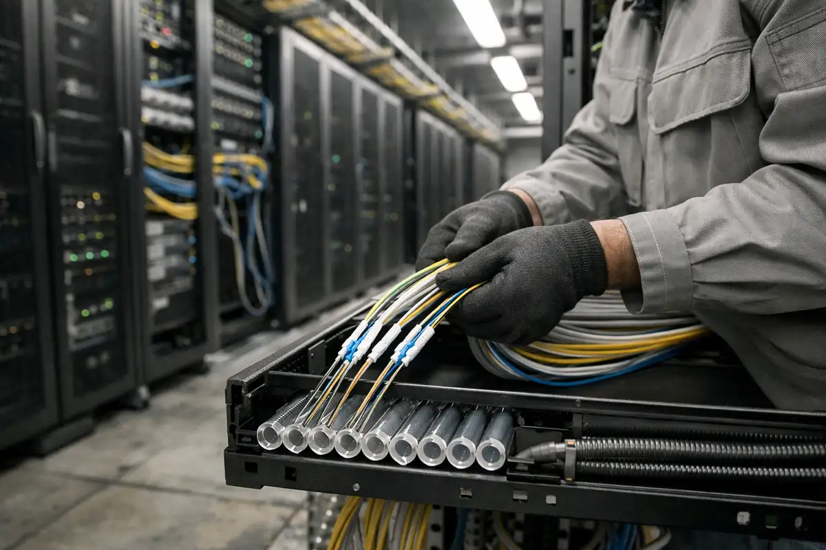 Tecnico con guanti collega cavi in fibra ottica in una canalina, in corsia di data center con rack server