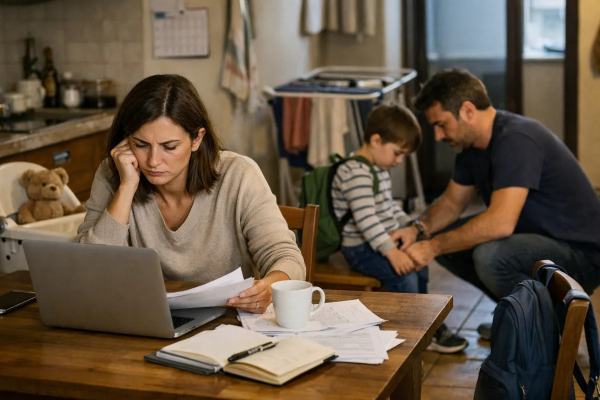Donna al tavolo con laptop e documenti, mentre un uomo aiuta un bambino a prepararsi in cucina