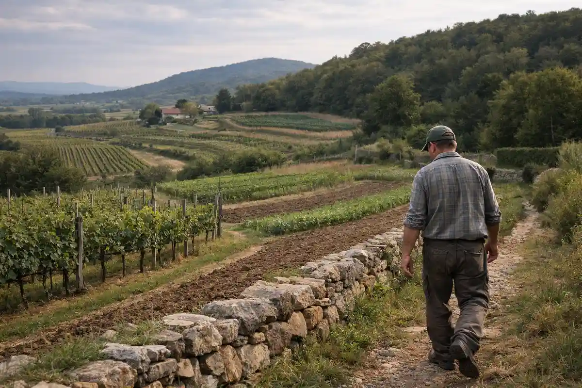 Agricoltore di spalle su un sentiero tra vigneti e campi coltivati, con muretto a secco e colline sullo sfondo