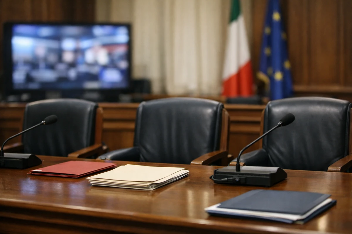 Tavolo di commissione con sedie vuote, microfoni spenti e fascicoli; sullo sfondo bandiere italiana e UE