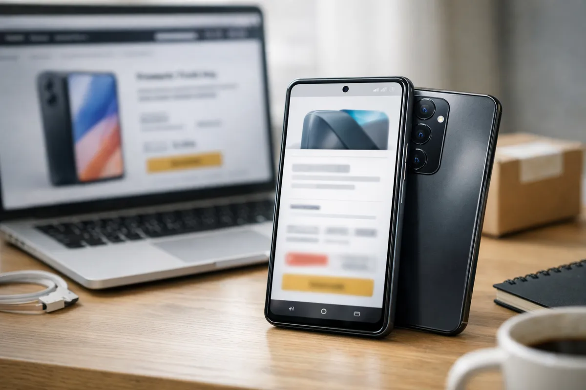 Due smartphone su una scrivania con pagina prodotto sullo schermo, laptop sfocato e pacco di spedizione sullo sfondo