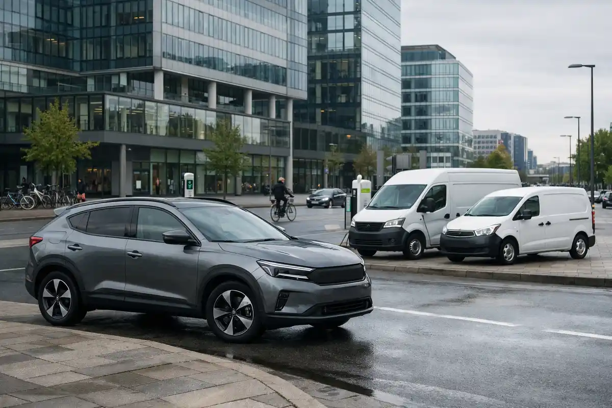 Crossover elettrico grigio e due furgoni bianchi vicino a colonnine di ricarica in una città moderna con palazzi in vetro