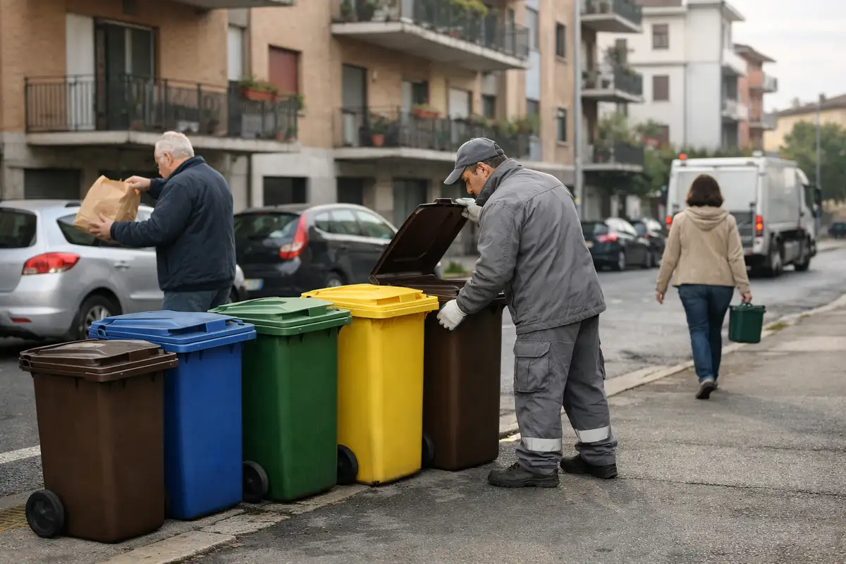 Operatore ecologico apre un bidone con raccolta differenziata in strada, con residenti e palazzi sullo sfondo