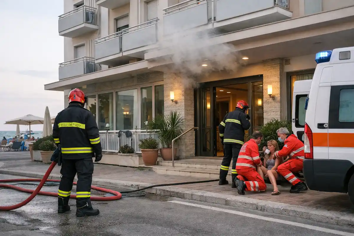 Vigili del fuoco e soccorritori assistono una donna davanti a un hotel sul mare con fumo all’ingresso