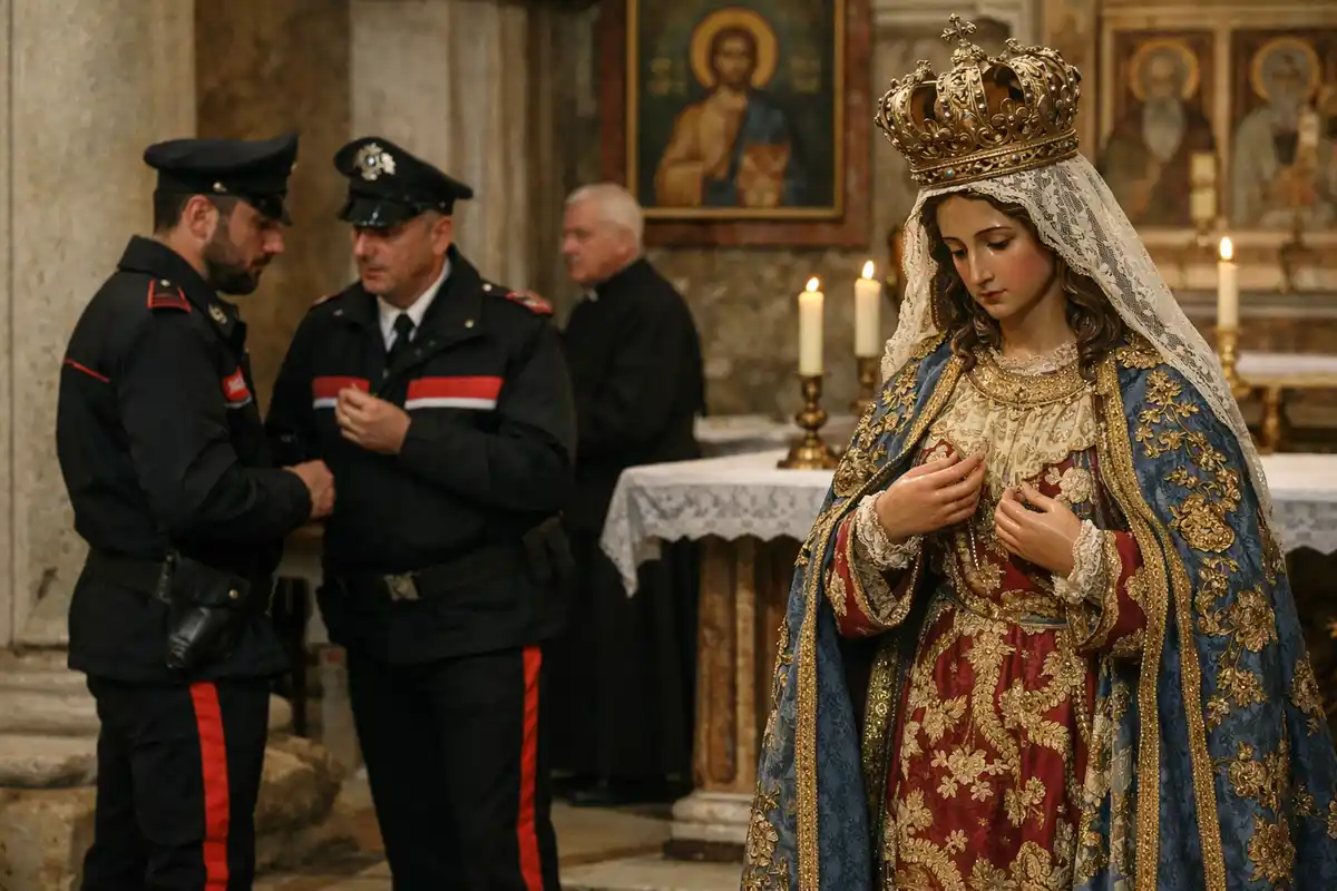 Statua della Madonna incoronata in chiesa, con due carabinieri che parlano vicino all’altare