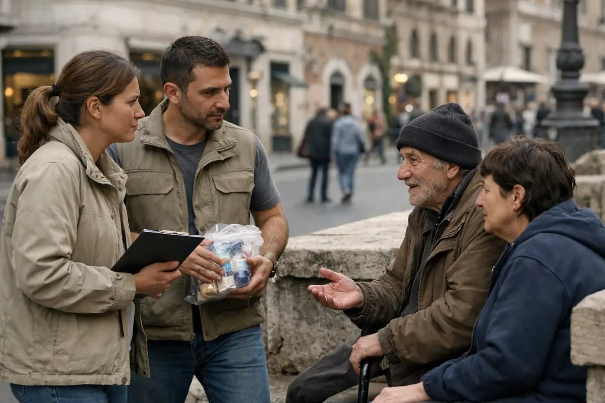 Due volontari con clipboard e sacchetto di beni essenziali parlano con un uomo anziano e una donna seduti su un muretto in
