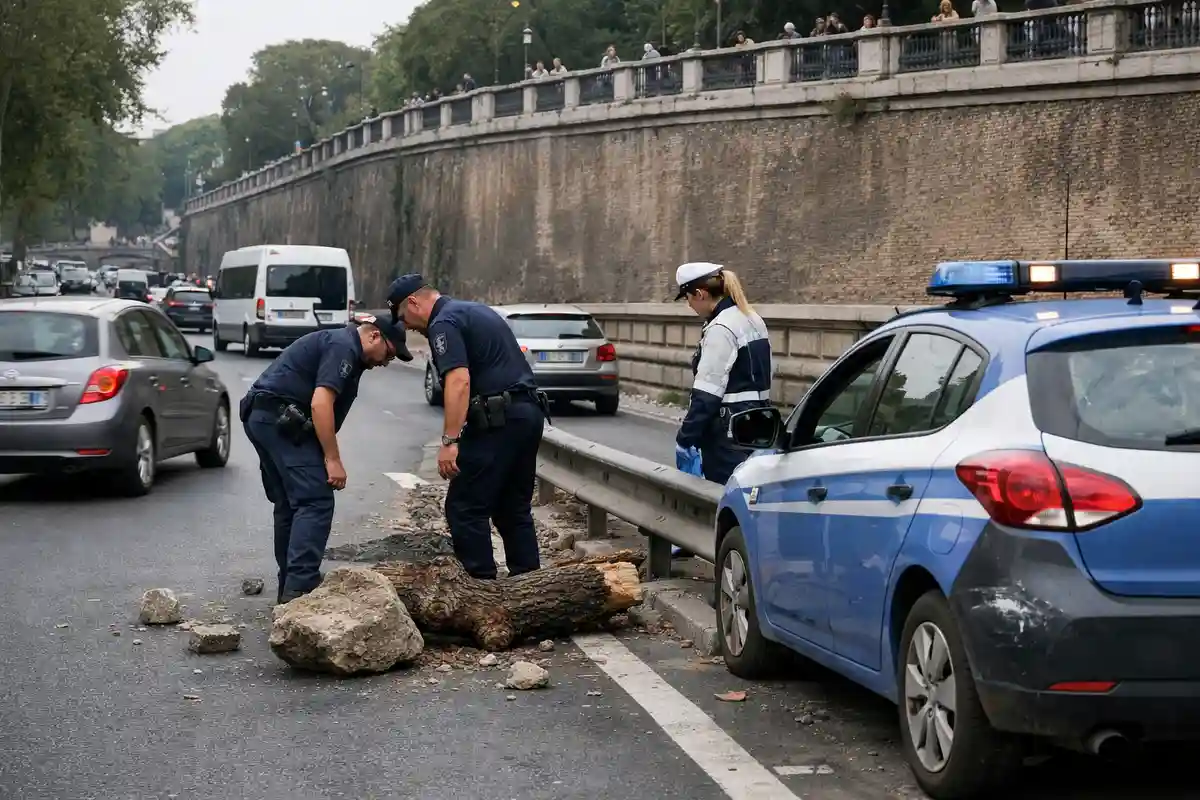Agenti di polizia e vigili ispezionano sassi e un tronco su una strada urbana, con auto e pattuglia a bordo carreggiata