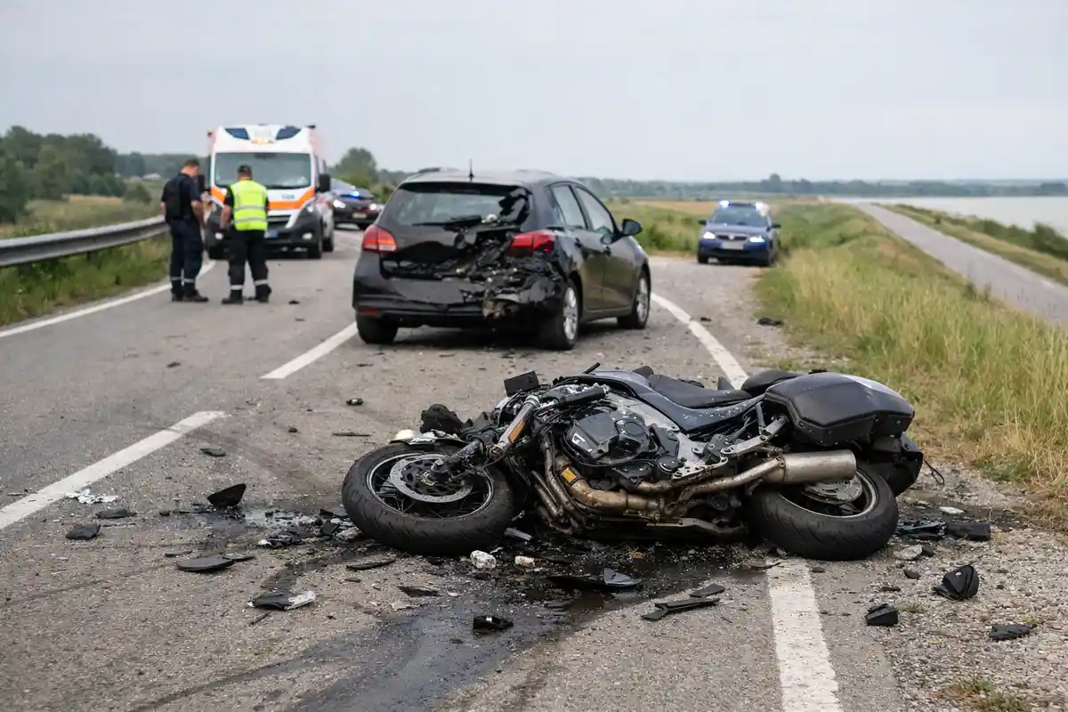 Moto distrutta sull’asfalto e auto con retro danneggiato su strada arginale, con ambulanza e pattuglie sullo sfondo