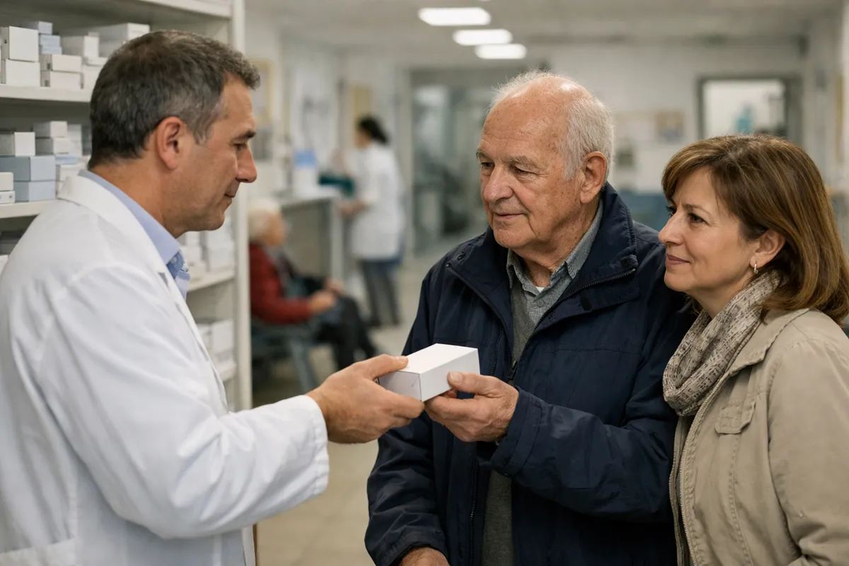 Farmacista in camice consegna una scatola di medicine a un paziente anziano, con una donna accanto, in ambulatorio