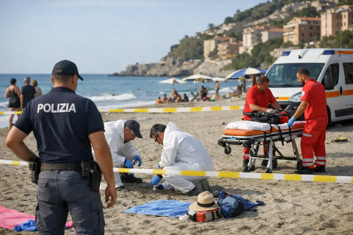 Polizia e soccorritori su una spiaggia transennata, con investigatori in tuta bianca e barella vicino a un’ambulanza