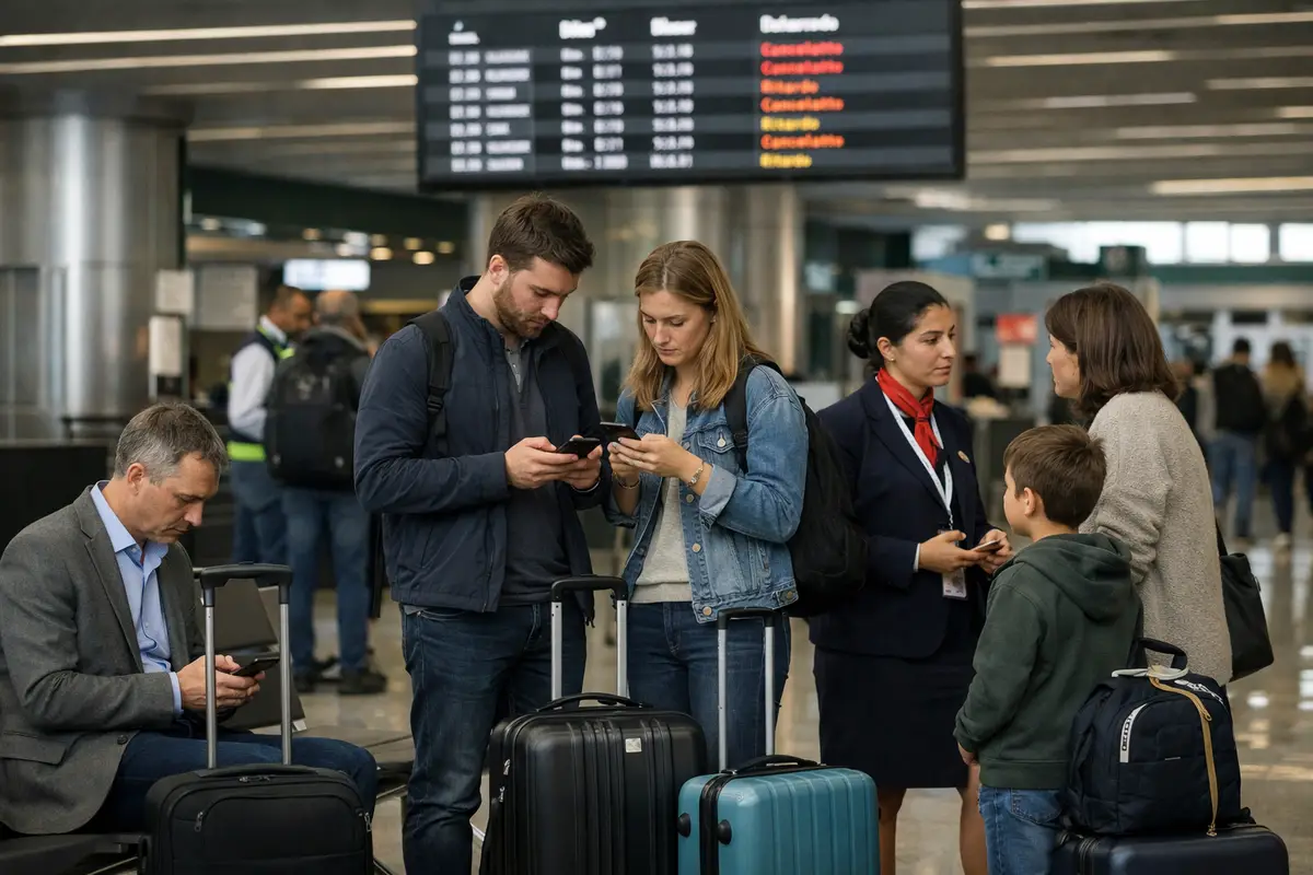 Passeggeri con valigie in aeroporto controllano lo smartphone mentre sul tabellone partenze compaiono voli cancellati