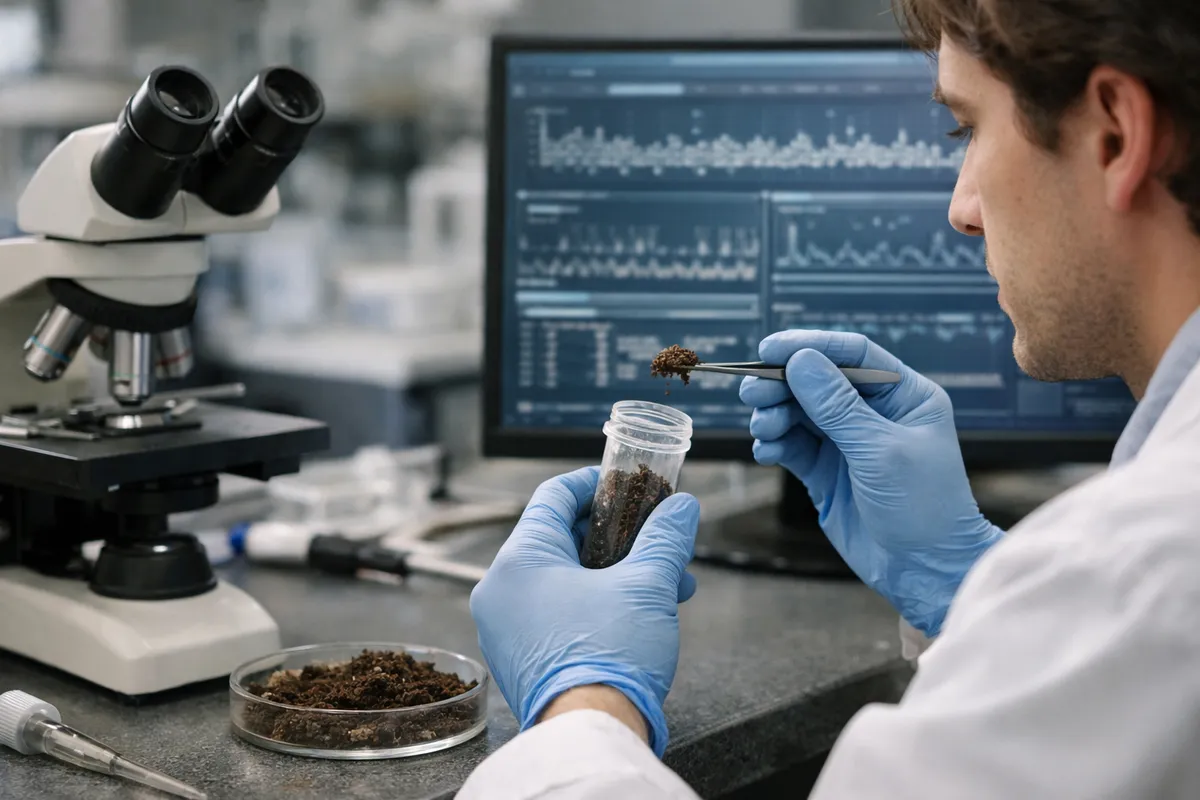 Ricercatore in laboratorio analizza un campione di terreno con pinzette accanto a un microscopio e a un monitor con grafici