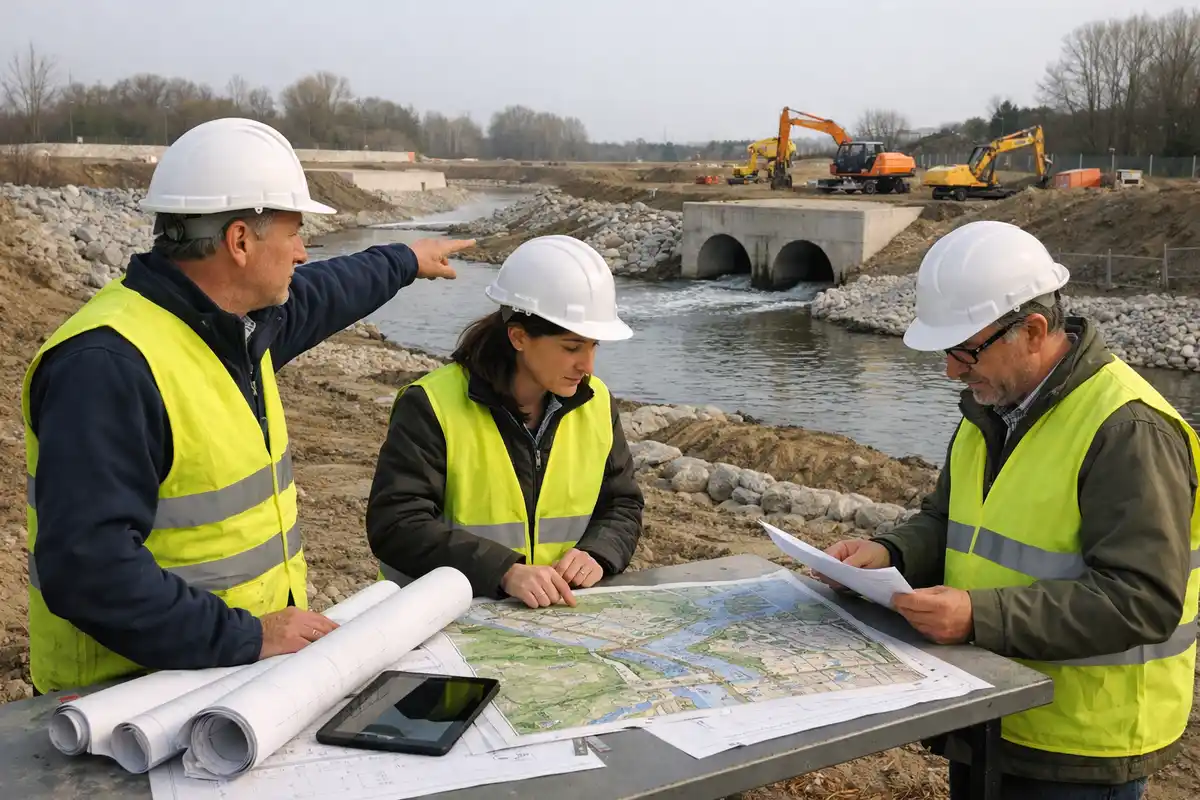 Tecnici con caschi e giubbotti riflettenti consultano mappe su un tavolo vicino a un canale in lavori