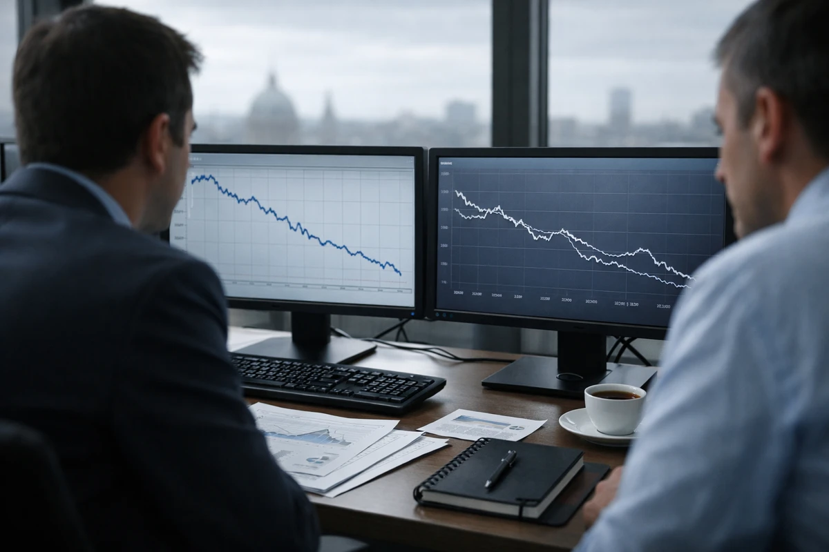 Due analisti osservano grafici in calo su doppio monitor in ufficio, con fogli di mercato e tazza di caffè