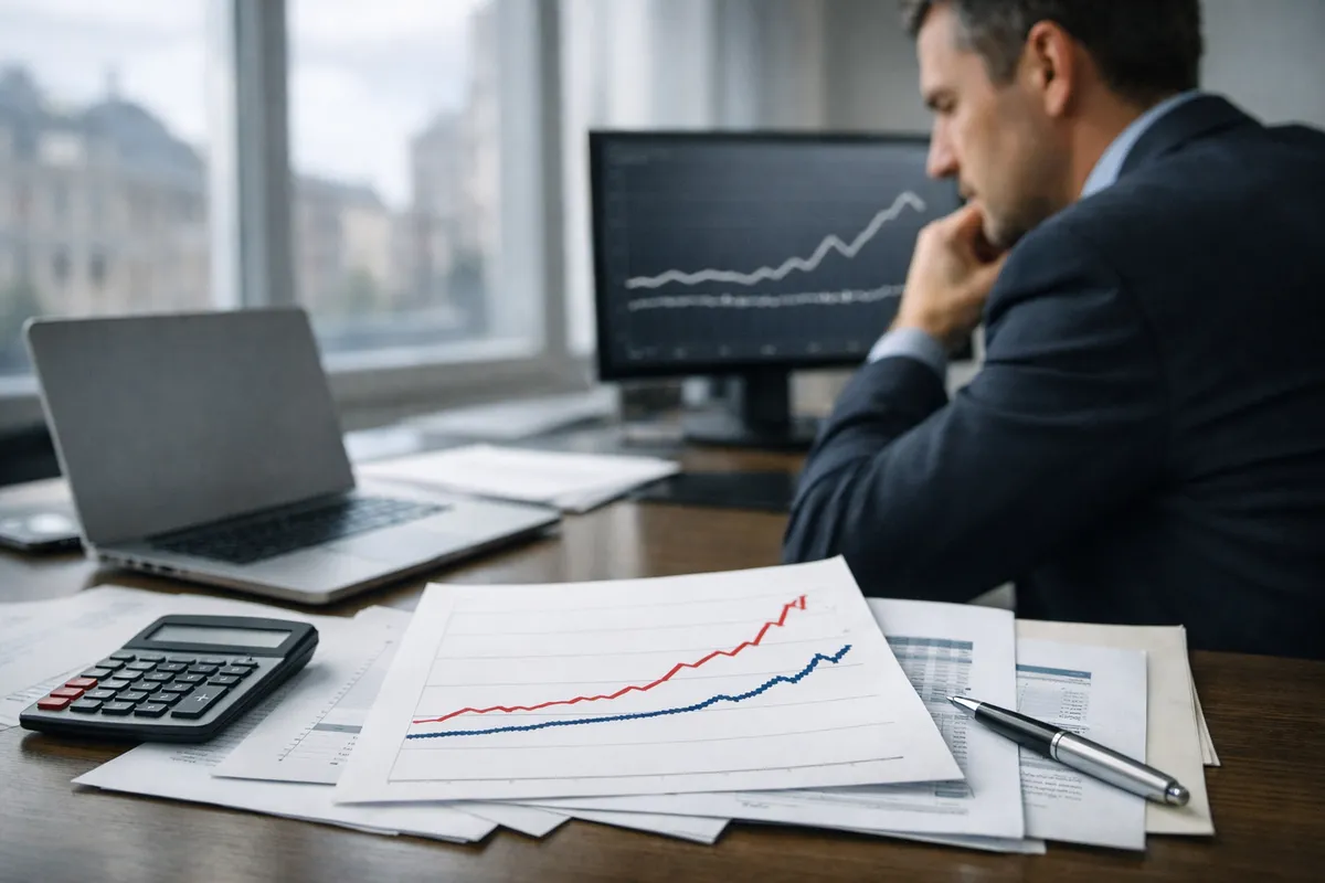 Analista in ufficio osserva grafici finanziari con linee rosse e blu in divergenza su documenti e monitor