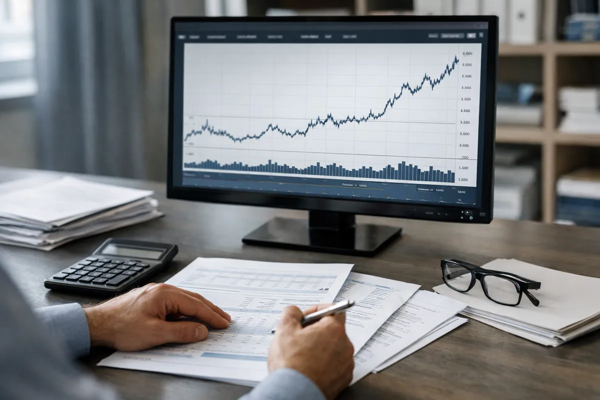 Scrivania con monitor che mostra un grafico in rialzo, documenti finanziari, calcolatrice e occhiali, mani che prendono