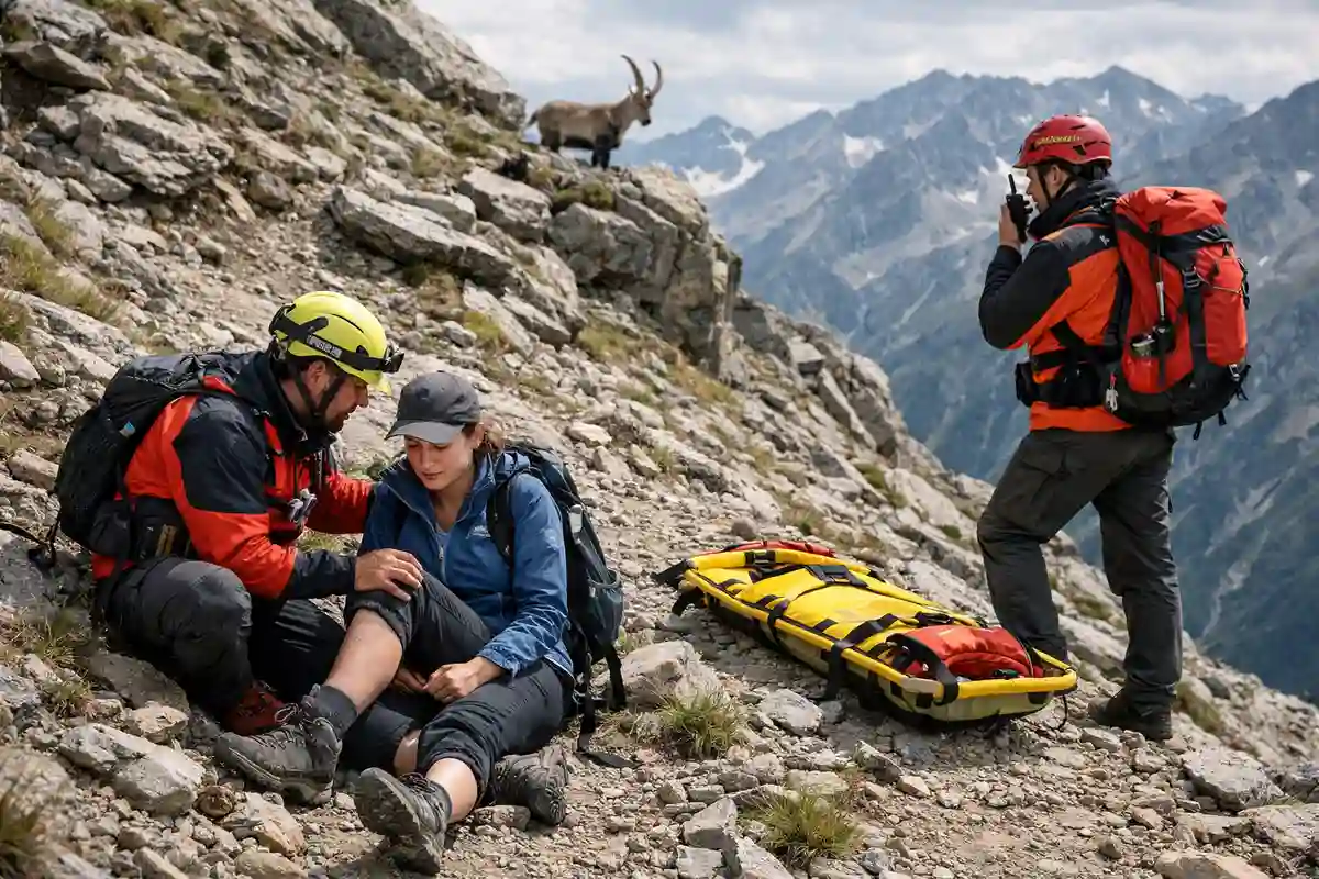 Soccorso alpino assiste un’escursionista ferita su un sentiero roccioso, con stambecco sullo sfondo