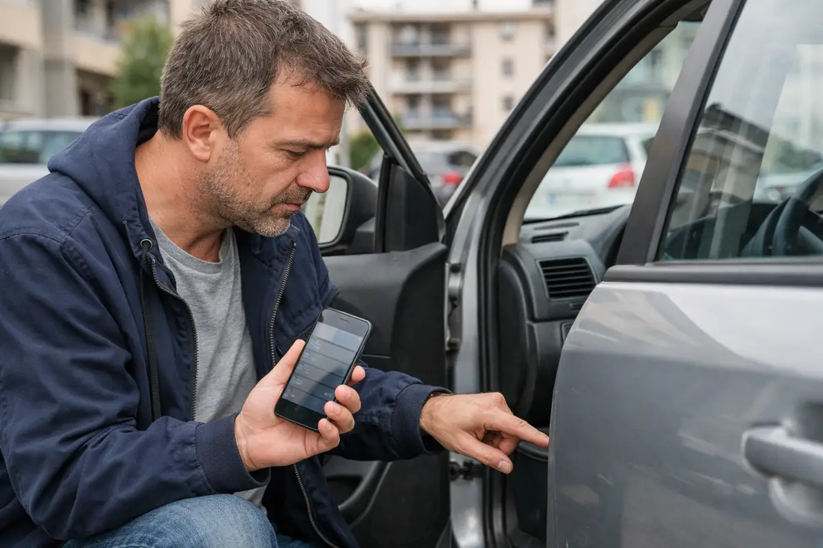 Automobilista controlla i dati del veicolo sul montante della portiera confrontandoli con lo smartphone