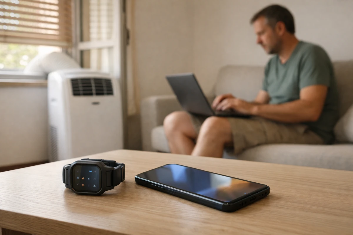 Smartwatch rugged e smartphone su un tavolo, con climatizzatore portatile e persona al laptop sul divano sullo sfondo