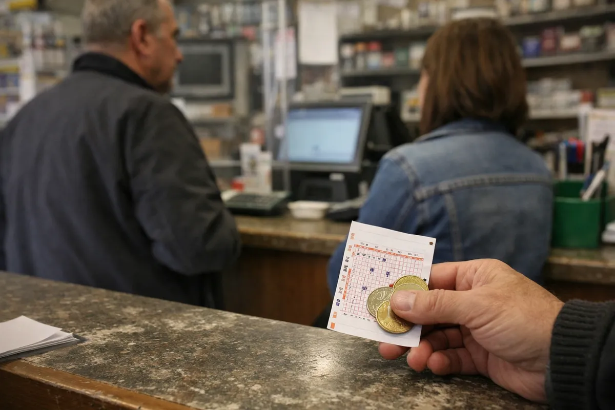Mano con schedina del lotto e monete in euro al banco di una ricevitoria, con persone in attesa sullo sfondo