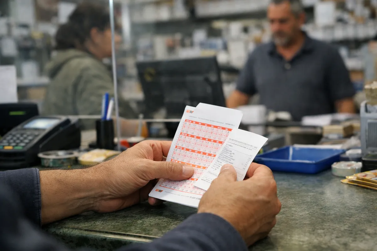 Mani che controllano una schedina della lotteria e una ricevuta sul bancone di una ricevitoria