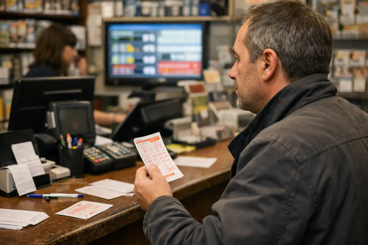 Uomo al banco di una ricevitoria con una schedina in mano, davanti a monitor con risultati e cassa