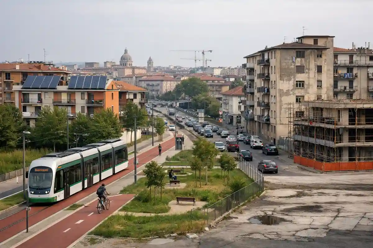 Tram moderno e pista ciclabile tra palazzi con pannelli solari, traffico e edificio degradato con impalcature