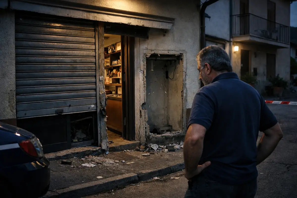 Uomo di spalle davanti a una tabaccheria con serranda danneggiata e macerie sull’ingresso, al crepuscolo
