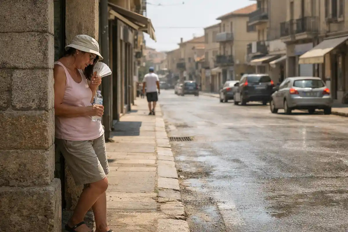 Donna all’ombra con cappello e bottiglia d’acqua in una strada quasi deserta sotto il sole cocente