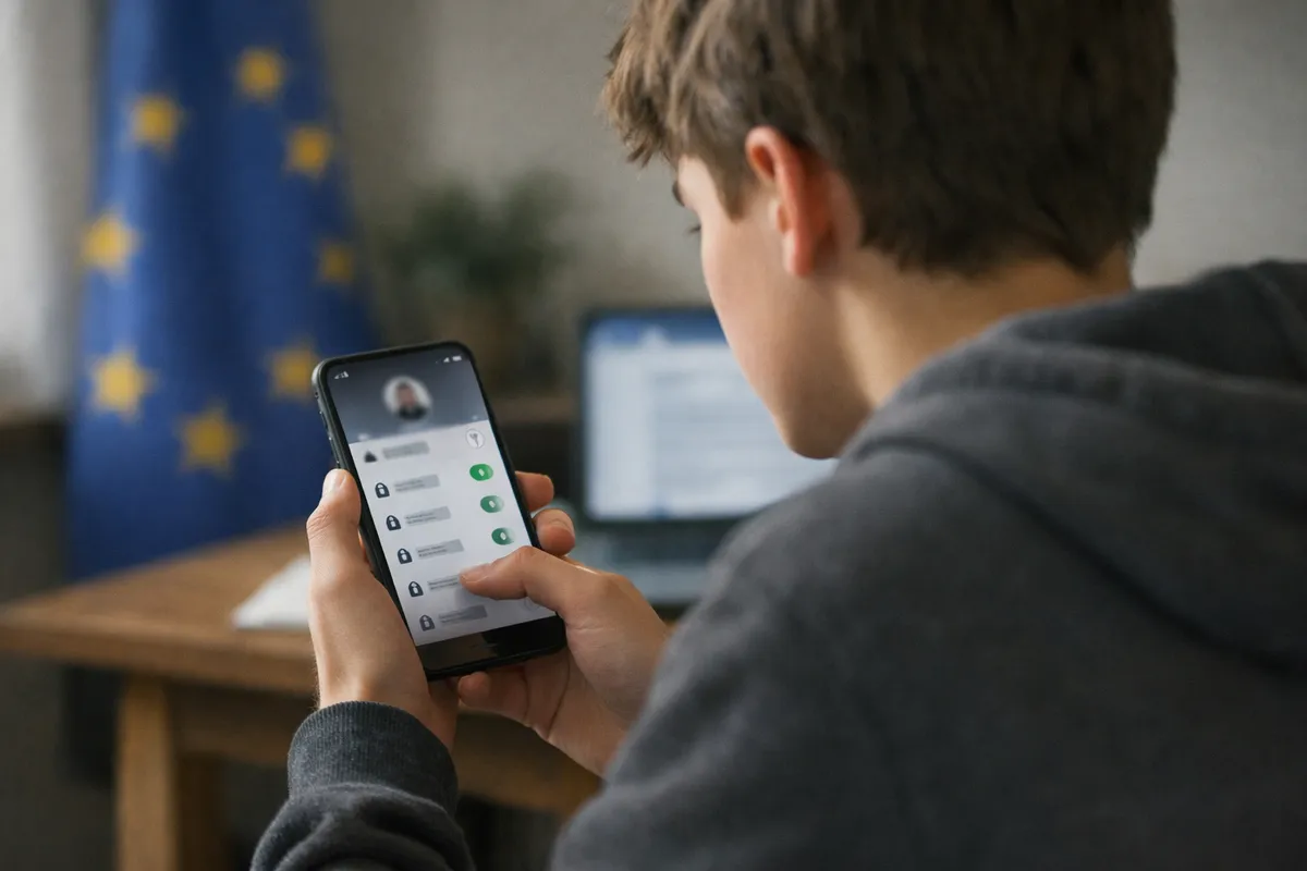 Adolescente di spalle con smartphone su impostazioni privacy, bandiera Ue sfocata e laptop sullo sfondo