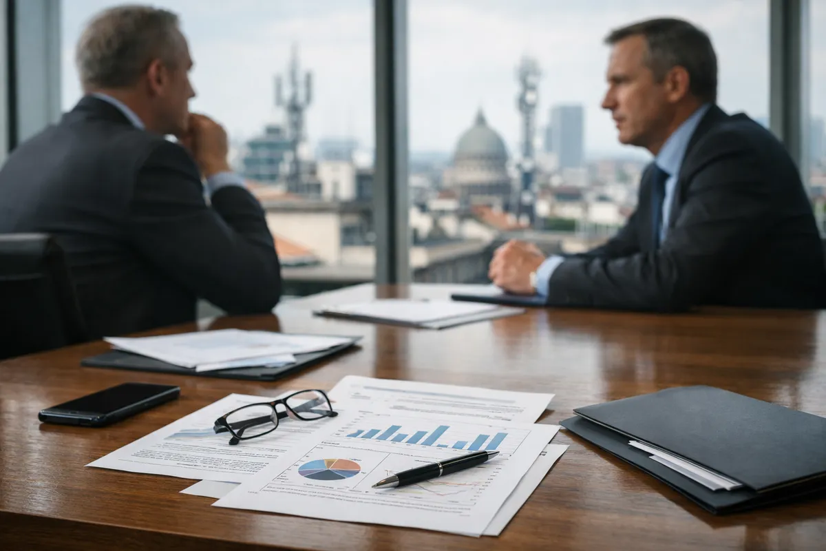 Tavolo di consiglio con documenti finanziari, grafici e penna, due dirigenti sfocati e skyline urbano con antenne