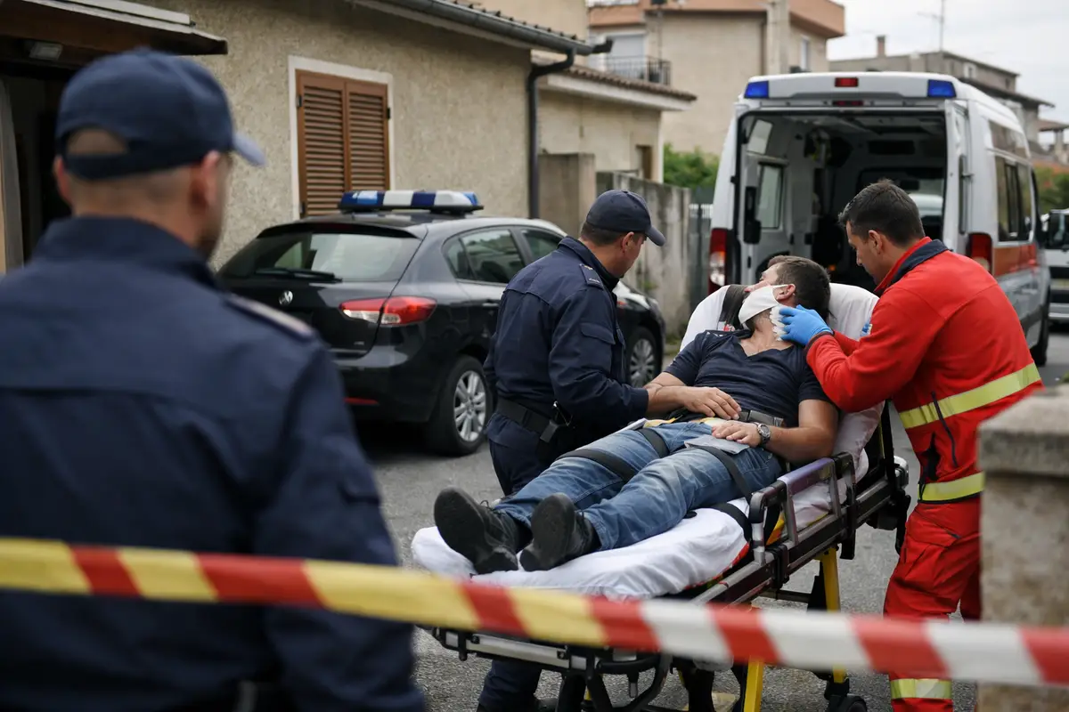 Soccorritori medicano un uomo su una barella mentre la polizia presidia l’area davanti a un’abitazione