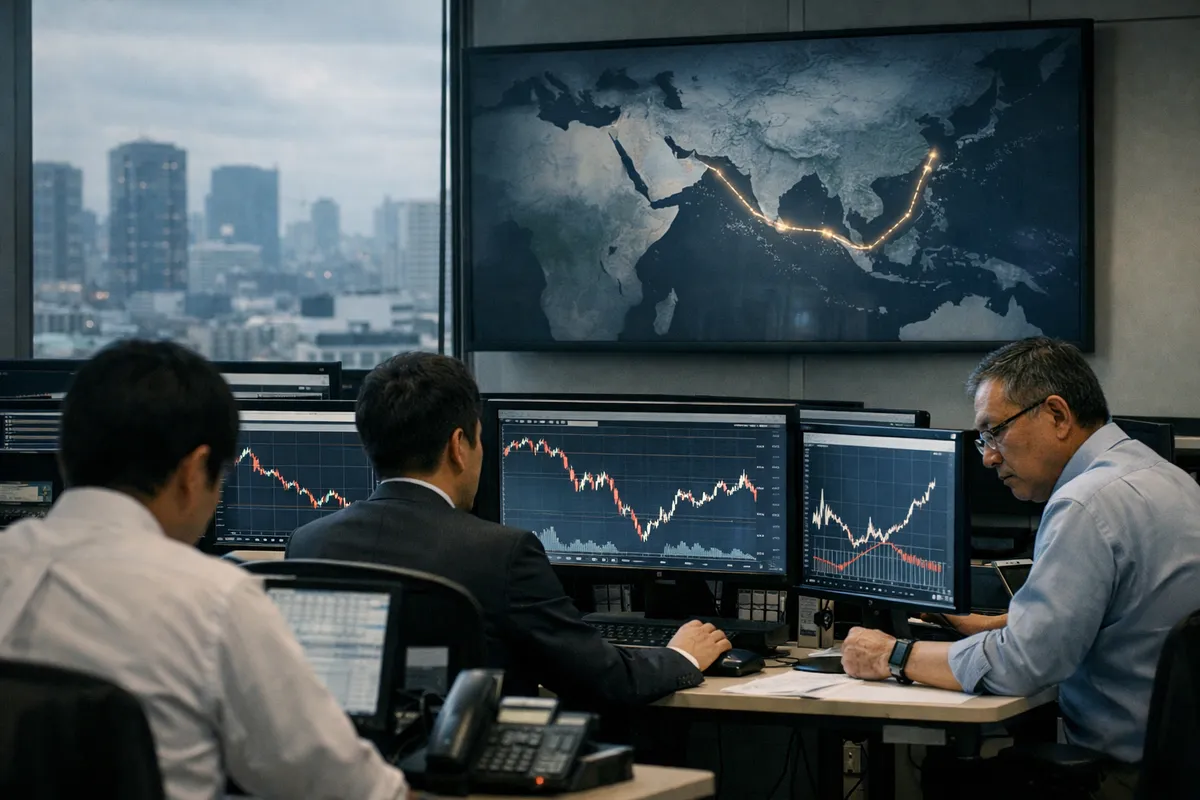 Operatori in sala trading davanti a monitor con grafici in calo e mappa mondiale con rotta energetica verso l’Asia