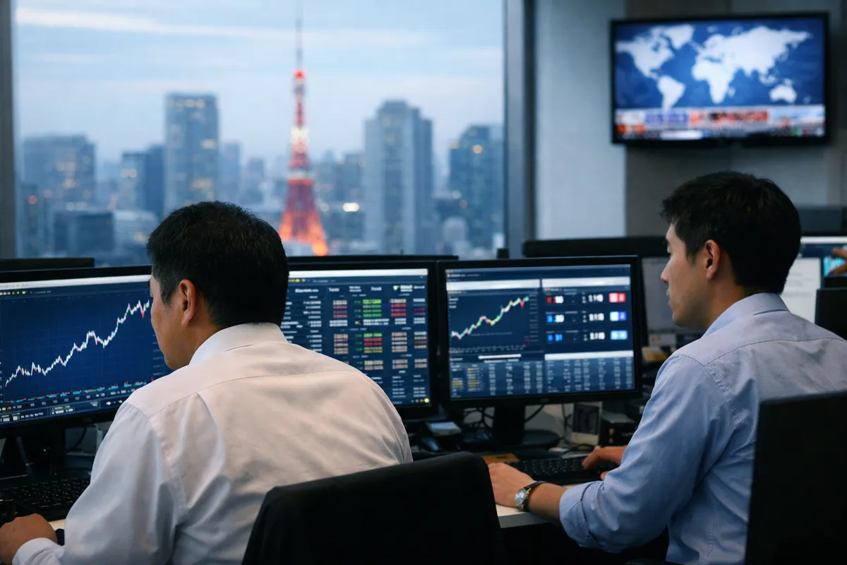 Due analisti davanti a monitor con grafici in rialzo, con skyline di Tokyo e torre illuminata sullo sfondo