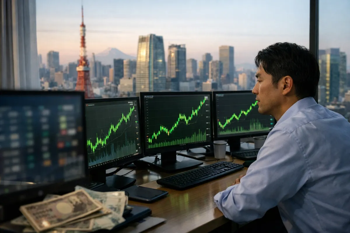 Analista in ufficio a Tokyo osserva monitor con grafici verdi in rialzo, skyline e Tokyo Tower sullo sfondo