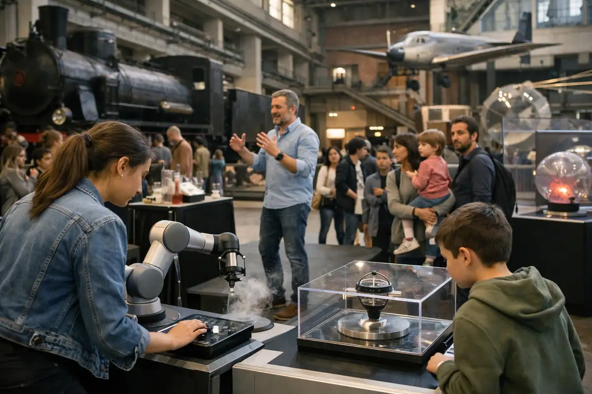 Dimostrazione scientifica in museo con braccio robotico, educatore che parla e pubblico tra locomotiva e aereo sospeso