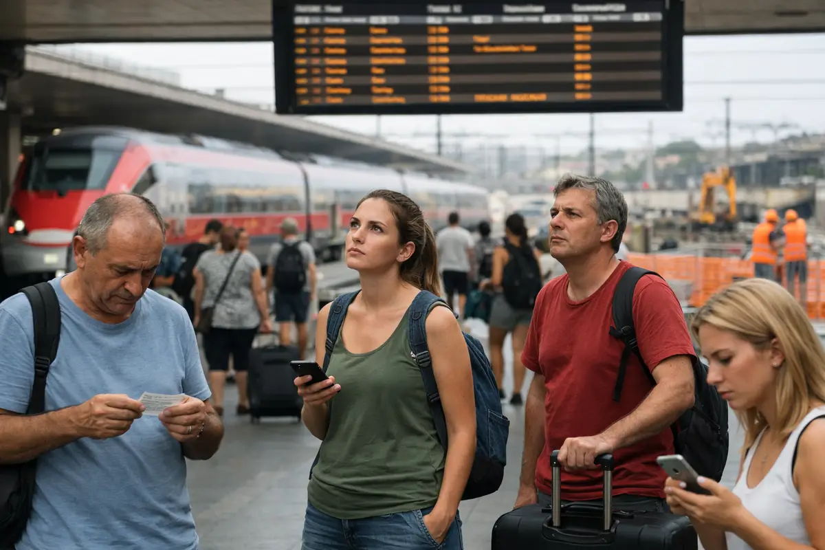 Viaggiatori con valigie guardano il tabellone partenze in stazione, con treno ad alta velocità e lavori sui binari