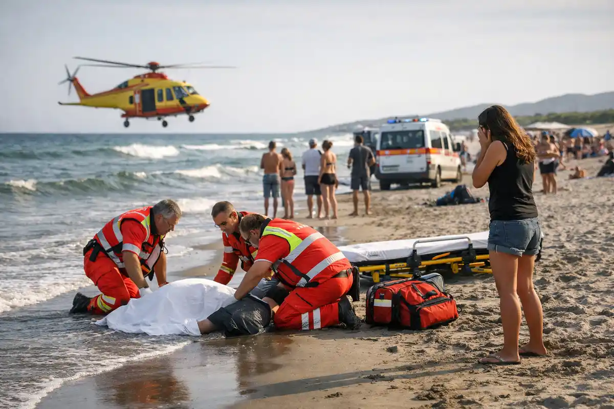 Soccorritori in tuta rossa assistono una persona coperta da un telo sulla battigia, con elicottero e ambulanza sullo sfondo
