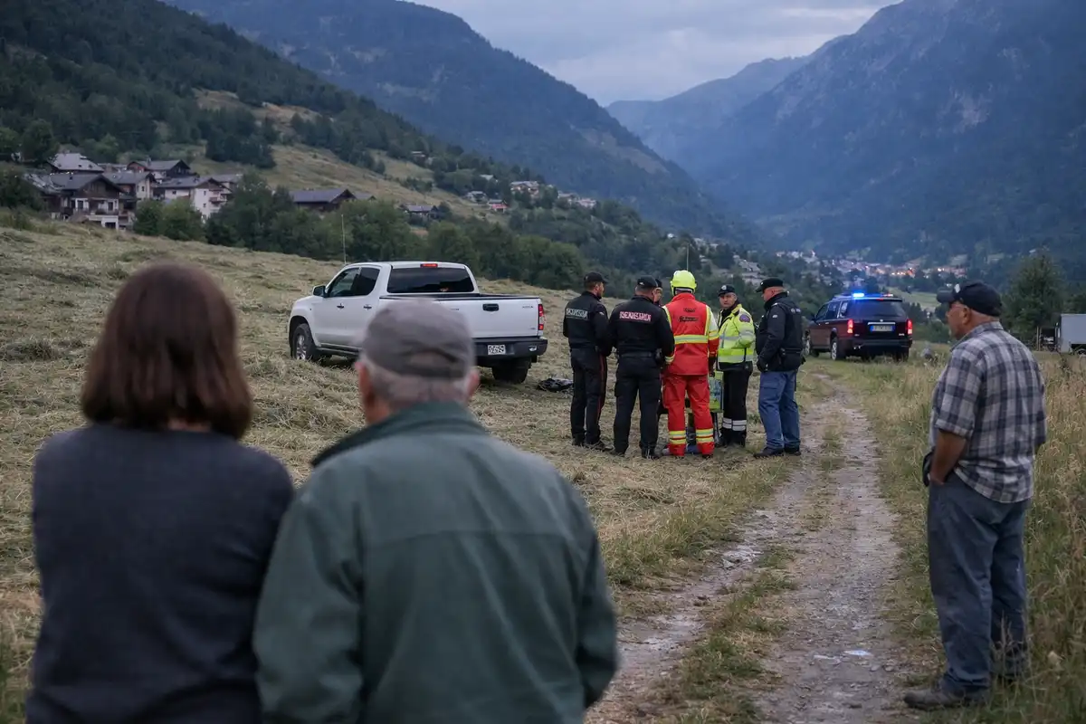 Soccorritori e carabinieri vicino a un pick-up in un prato di montagna, con auto di servizio e luci blu sullo sfondo